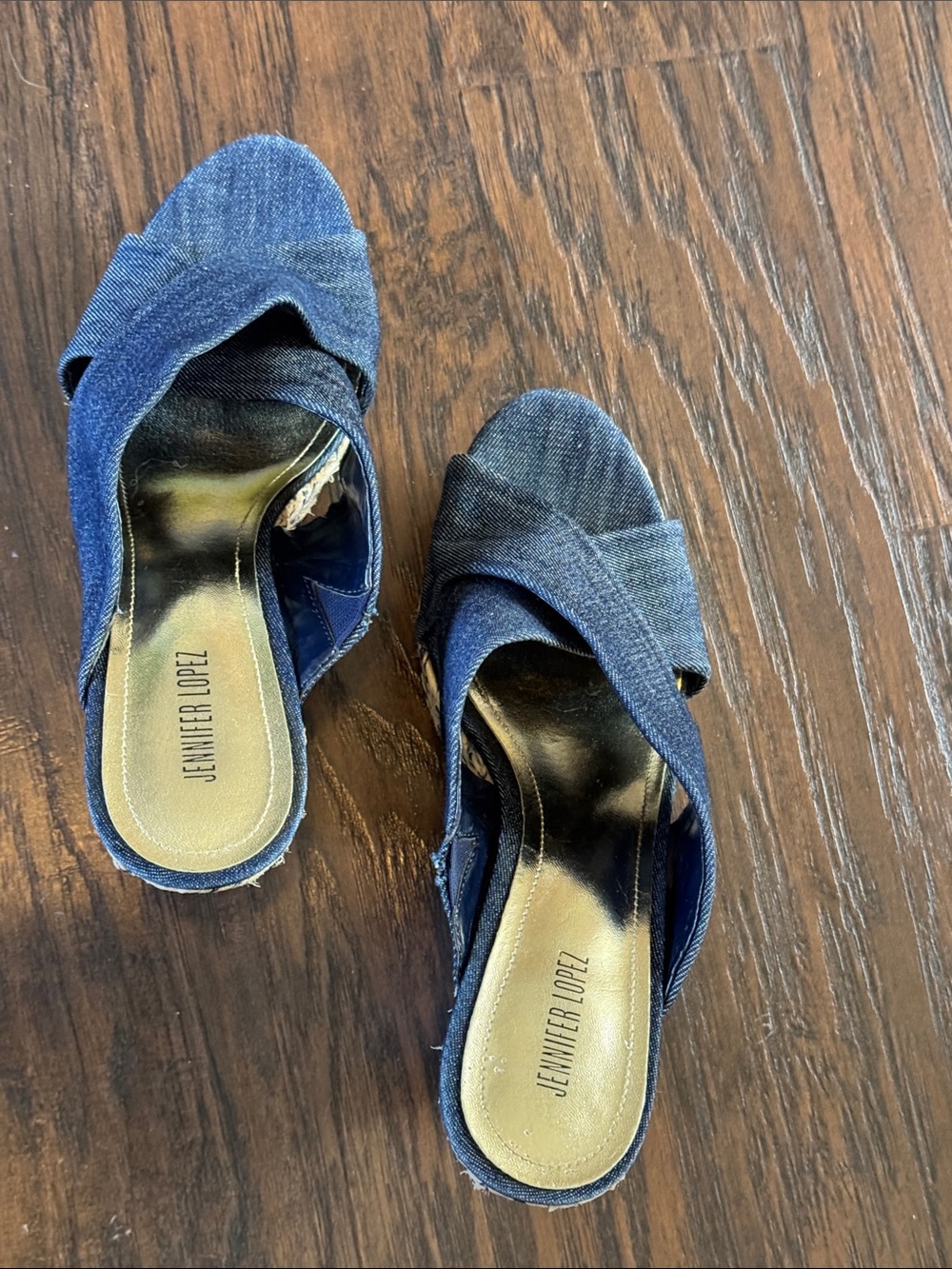 Jennifer Lopez Navy Denim Crisscross Espadrille Wedge Mules - Picture 3 of 10